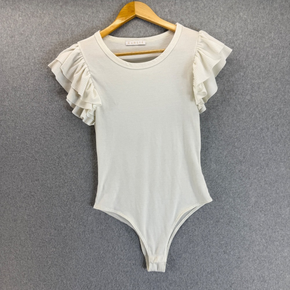 Karlie Cream Off White Ribbed Bodysuit Ruffle Short‎ Sleeves Basic Casual Small